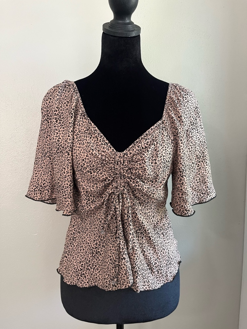 Women's Pink‎ Leopard Ruched V-Neck babydoll Top